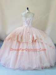 High End Halter Top Sleeveless Lace Up Quince Ball Gowns Peach Tulle