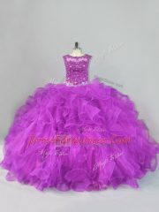 Purple Ball Gowns Beading and Ruffles Sweet 16 Dresses Lace Up Tulle Sleeveless Floor Length