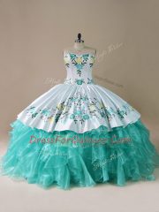Floor Length Lace Up Ball Gown Prom Dress Blue And White for Sweet 16 and Quinceanera with Embroidery and Ruffles
