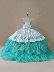 Floor Length Lace Up Ball Gown Prom Dress Blue And White for Sweet 16 and Quinceanera with Embroidery and Ruffles