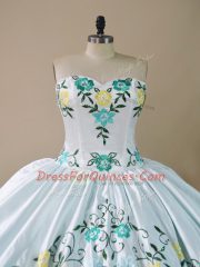 Floor Length Lace Up Ball Gown Prom Dress Blue And White for Sweet 16 and Quinceanera with Embroidery and Ruffles