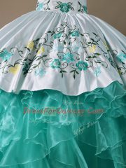 Floor Length Lace Up Ball Gown Prom Dress Blue And White for Sweet 16 and Quinceanera with Embroidery and Ruffles