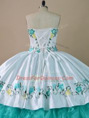 Floor Length Lace Up Ball Gown Prom Dress Blue And White for Sweet 16 and Quinceanera with Embroidery and Ruffles