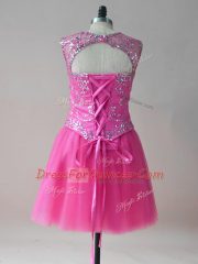 Comfortable Beading Evening Dress Hot Pink Lace Up Sleeveless Mini Length