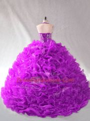 Purple Organza Lace Up Halter Top Sleeveless Floor Length Quince Ball Gowns Beading