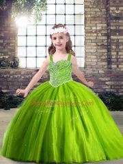 Green Ball Gowns Tulle Sleeveless Beading Floor Length Lace Up Little Girls Pageant Gowns