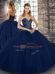 Sweet Navy Blue Sleeveless Floor Length Beading Lace Up Quince Ball Gowns