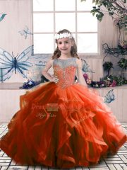 Rust Red Lace Up Scoop Beading Winning Pageant Gowns Tulle Sleeveless