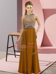 Brown Empire Scoop Sleeveless Chiffon Floor Length Side Zipper Beading Prom Party Dress