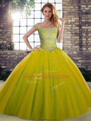 Floor Length Olive Green Sweet 16 Dress Off The Shoulder Sleeveless Lace Up