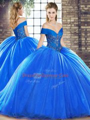 Royal Blue Organza Lace Up Off The Shoulder Sleeveless Quinceanera Gown Brush Train Beading