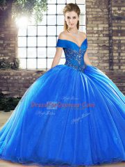 Royal Blue Organza Lace Up Off The Shoulder Sleeveless Quinceanera Gown Brush Train Beading