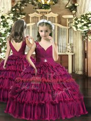 Fuchsia V-neck Backless Beading and Ruffled Layers Custom Made Pageant Dress Sleeveless