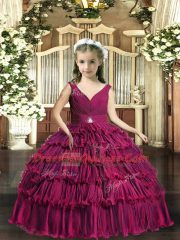 Fuchsia V-neck Backless Beading and Ruffled Layers Custom Made Pageant Dress Sleeveless