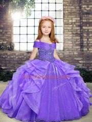 Lavender Organza Lace Up Little Girls Pageant Gowns Sleeveless Floor Length Beading and Ruffles