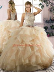 Fashionable Floor Length Champagne Ball Gown Prom Dress Tulle Sleeveless Beading and Ruffles