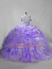 Straps Sleeveless Brush Train Lace Up Sweet 16 Quinceanera Dress Lavender Organza