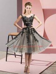Black Sleeveless Knee Length Beading and Lace Zipper Quinceanera Court of Honor Dress