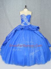 Blue Lace Up Ball Gown Prom Dress Beading and Embroidery Sleeveless Court Train