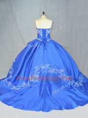 Blue Lace Up Ball Gown Prom Dress Beading and Embroidery Sleeveless Court Train