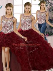 Fancy Scoop Sleeveless Lace Up Quinceanera Gown Burgundy Organza