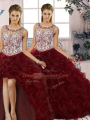 Fancy Scoop Sleeveless Lace Up Quinceanera Gown Burgundy Organza
