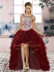 Fancy Scoop Sleeveless Lace Up Quinceanera Gown Burgundy Organza