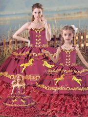 Satin and Organza Sweetheart Sleeveless Zipper Embroidery and Ruffled Layers Sweet 16 Dresses in Burgundy