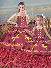 Satin and Organza Sweetheart Sleeveless Zipper Embroidery and Ruffled Layers Sweet 16 Dresses in Burgundy