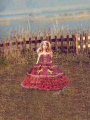 Satin and Organza Sweetheart Sleeveless Zipper Embroidery and Ruffled Layers Sweet 16 Dresses in Burgundy