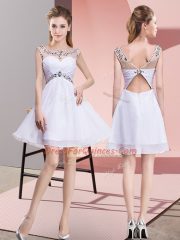 White Chiffon Backless Scoop Sleeveless Mini Length Beading