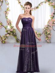 Sleeveless Chiffon and Sequined Floor Length Lace Up Dama Dress in Dark Purple with Sequins