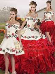 White And Red Sleeveless Organza Lace Up Quinceanera Gowns for Military Ball and Sweet 16 and Quinceanera