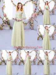 Lace and Belt Quinceanera Court of Honor Dress Yellow Green Side Zipper Half Sleeves Floor Length