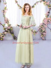 Lace and Belt Quinceanera Court of Honor Dress Yellow Green Side Zipper Half Sleeves Floor Length