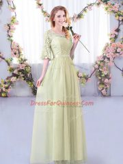 Lace and Belt Quinceanera Court of Honor Dress Yellow Green Side Zipper Half Sleeves Floor Length