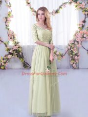 Lace and Belt Quinceanera Court of Honor Dress Yellow Green Side Zipper Half Sleeves Floor Length