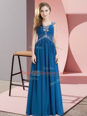 Glittering Empire Prom Gown Blue Straps Chiffon Cap Sleeves Floor Length Lace Up