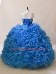 Blue Fabric With Rolling Flowers Lace Up Quinceanera Dresses Sleeveless Floor Length Ruffles and Sequins