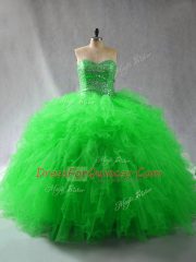 Most Popular Sleeveless Tulle Floor Length Lace Up Vestidos de Quinceanera in with Beading and Ruffles