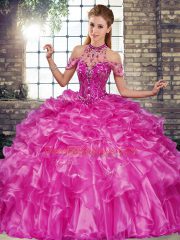 Fuchsia Lace Up Halter Top Beading and Ruffles Quinceanera Dresses Organza Sleeveless