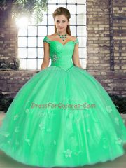 Turquoise and Apple Green Sleeveless Tulle Lace Up Quinceanera Gowns for Military Ball and Sweet 16 and Quinceanera