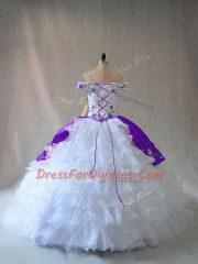 Floor Length Ball Gowns Sleeveless White And Purple Quince Ball Gowns Lace Up