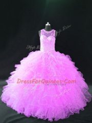 Cheap Lilac Ball Gowns Scoop Sleeveless Organza Floor Length Lace Up Beading and Ruffles Quinceanera Gown
