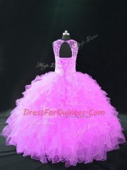 Cheap Lilac Ball Gowns Scoop Sleeveless Organza Floor Length Lace Up Beading and Ruffles Quinceanera Gown