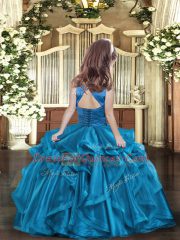 Latest Red Organza Lace Up Scoop Sleeveless Floor Length Little Girl Pageant Dress Ruffles