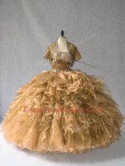 Brown Vestidos de Quinceanera Sweet 16 and Quinceanera with Beading and Ruffles Strapless Sleeveless Lace Up