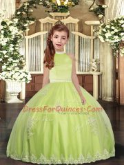 Modern Halter Top Sleeveless Glitz Pageant Dress Floor Length Beading and Appliques Yellow Green Tulle