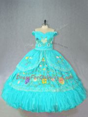 Captivating Off The Shoulder Sleeveless Lace Up Quinceanera Dresses Aqua Blue Satin