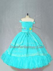 Captivating Off The Shoulder Sleeveless Lace Up Quinceanera Dresses Aqua Blue Satin